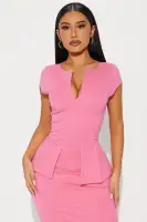 Stylish Black & Pink Ponte Midi Dress - V-Neck, Peplum Detail & Back Zipper(Pink,XS)