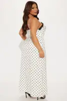 Elegant Ivory Polka Dot Maxi Dress with Lace Trim & Adjustable Straps(Ivory/combo,XS)
