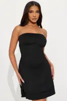 Strapless Ruched Tiered Mini Dress - Stretchy Polyester & Spandex - Pink & Black(Black,S)