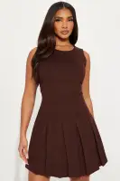 Elegant Ponte Mini Dress - High Neck, Sleeveless with Pleated Back & Zipper (Navy/Chocolate)