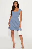 Stylish Ponte Mini Dress - Dusty Blue & Chocolate, Scoop Neck, Stretchy & Double Lined