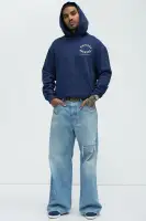 Navy Hoodie Long Sleeve Screen Print Cotton Polyester Imported(Navy,S)