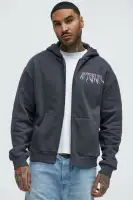 Charcoal Long Sleeve Front Zipper Hoodie with Hand Pockets Screen Print(Charcoal,S)