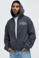 Charcoal Long Sleeve Front Zipper Hoodie with Hand Pockets Screen Print