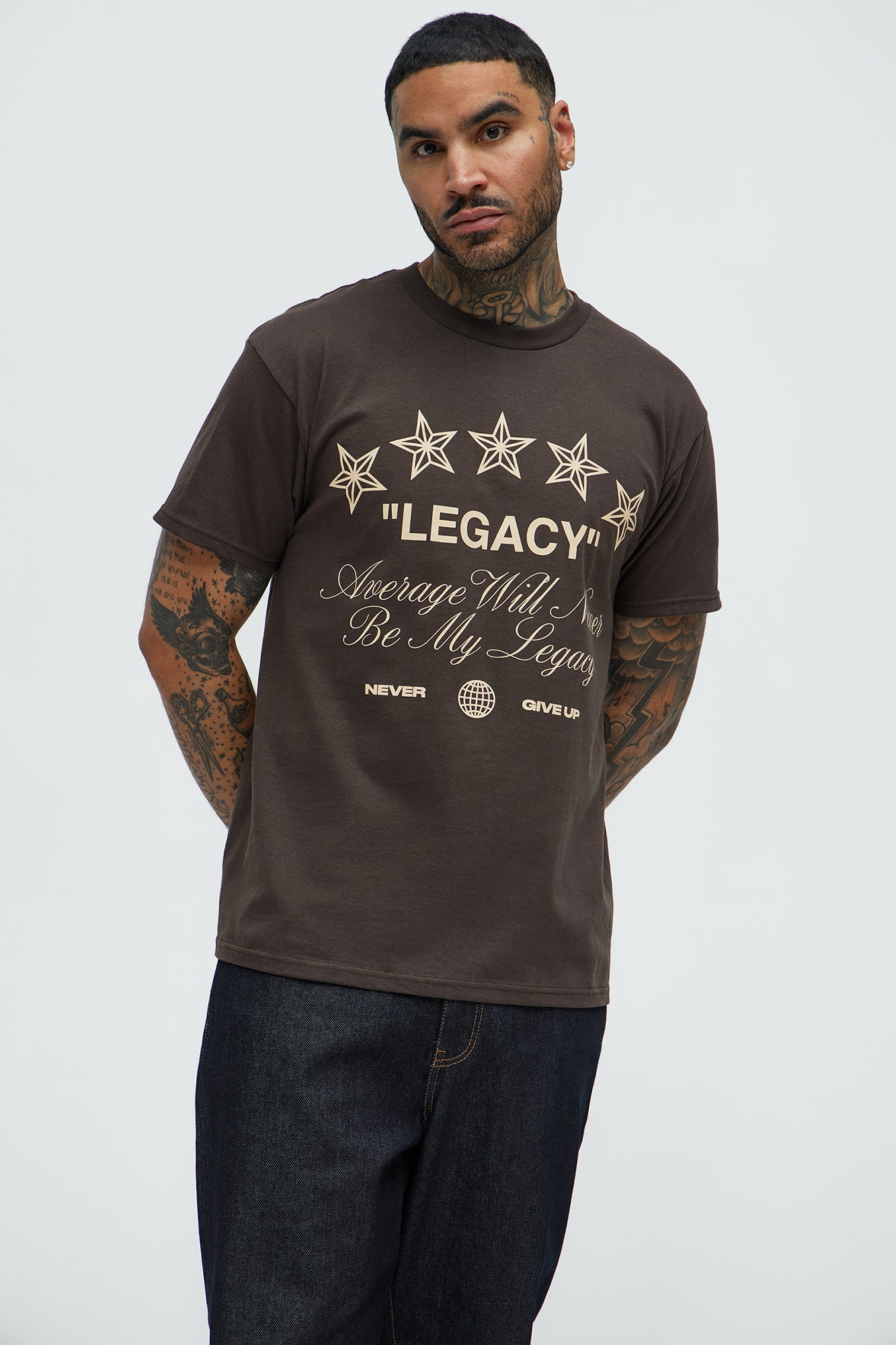 Crew Neck Short Sleeve Screen-Printed 100% Cotton T-Shirt (Brown)