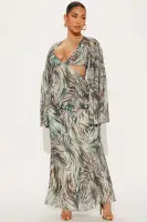 Sexy Animal Print Maxi Dress - Deep V-Neck, Long Sleeve & Backless Tie Detail