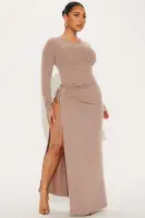 Elegant Mocha Ribbed Maxi Dress with High Neck, Long Sleeves, and High Slit
