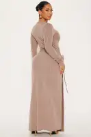 Elegant Mocha Ribbed Maxi Dress with High Neck, Long Sleeves, and High Slit(Mocha,XS)