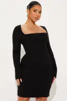 Elegant Ponte Midi Dress with Square Neckline & Long Sleeves – Available in Black & Red(Black,XS)