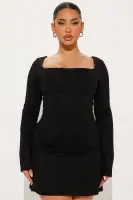Elegant Ponte Mini Dress with Square Neckline & Long Sleeves – Black & Butter Yellow(Black,XS)
