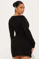 Elegant Ponte Mini Dress with Square Neckline & Long Sleeves – Black & Butter Yellow(Black,XS)