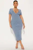 Elegant Ponte Midi Dress - Deep V-Neck, Short Sleeves & Back Zipper - Black & Dusty Blue