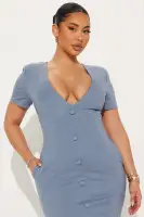Elegant Ponte Midi Dress - Deep V-Neck, Short Sleeves & Back Zipper - Black & Dusty Blue(Dusty Blue,XS)
