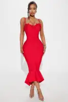 Sexy Red Bandage Midi Dress with Sweetheart Neckline & Floral Appliques
