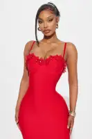 Sexy Red Bandage Midi Dress with Sweetheart Neckline & Floral Appliques(Red,XS)