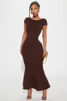 Elegant Chocolate Ponte Maxi Dress - High Neck, Mermaid Hem & Stretchy Comfort