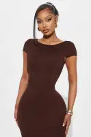 Elegant Chocolate Ponte Maxi Dress - High Neck, Mermaid Hem & Stretchy Comfort(Chocolate,XS)