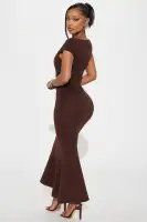 Elegant Chocolate Ponte Maxi Dress - High Neck, Mermaid Hem & Stretchy Comfort(Chocolate,XS)