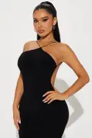 Elegant Black Maxi Dress with Y-Neckline & Backless Design - Stretchy Polyester/Spandex Blend(Black,XS)