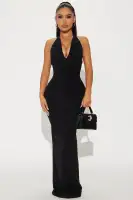 Elegant Black Ponte Maxi Dress - Halter Collar, V-Neck & Low Back with Back Zipper