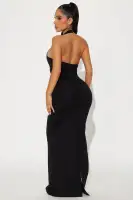 Elegant Black Ponte Maxi Dress - Halter Collar, V-Neck & Low Back with Back Zipper(Black,XS)