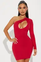 Sexy Red Mini Dress - One Shoulder Long Sleeve Cut Out Design, Stretchy Polyester Blend(Red,XS)