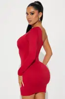 Sexy Red Mini Dress - One Shoulder Long Sleeve Cut Out Design, Stretchy Polyester Blend(Red,XS)