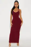 Elegant Burgundy Velvet Lace Maxi Dress with V-Neck & Back Slit