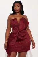Elegant Strapless Jacquard Mini Dress with Knot Detail & Back Zipper – Wine(Wine,XS)