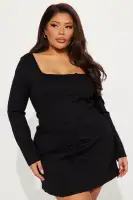 Elegant Ponte Mini Dress with Square Neckline & Long Sleeves – Black & Butter Yellow(Black,XS)
