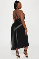 Satin Midi Dress with Adjustable Straps & High Slit – Cowl Neck & X Back(Black,XS)