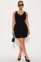 Chic Black V-Neck Vest Mini Dress - Sleeveless Button Down Stretch Rayon Blend