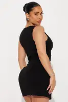 Chic Black V-Neck Vest Mini Dress - Sleeveless Button Down Stretch Rayon Blend(Black,XS)