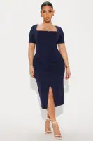 Elegant Ponte Midi Dress with Square Neckline & Short Sleeves – Navy & Taupe Options