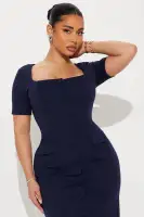 Elegant Ponte Midi Dress with Square Neckline & Short Sleeves – Navy & Taupe Options(Navy,XS)