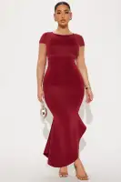 Burgundy & Rust Short Sleeve Midi Dress – High Neck, Asymmetrical Hem & Stretchy Comfort(Burgundy,XS)