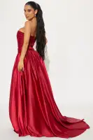 Elegant Satin Gown with Ruched Pleated Train & Boning – Sleeveless Formal Dress(Wine,XS)