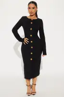 Elegant Ponte Midi Dress - High Neck, Long Sleeves & Button-Up in Black/Ivory