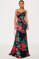 Elegant Floral Print Satin Maxi Dress with Cowl Neck & Adjustable Straps - Black/Combo