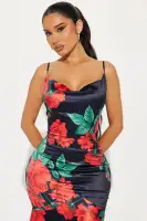 Elegant Floral Print Satin Maxi Dress with Cowl Neck & Adjustable Straps - Black/Combo(Black/combo,XS)
