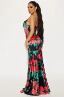 Elegant Floral Print Satin Maxi Dress with Cowl Neck & Adjustable Straps - Black/Combo(Black/combo,XS)