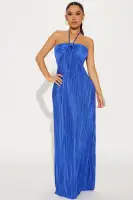 Elegant Blue Satin Plisse Maxi Dress – Halter Tie Front & Smocked Back