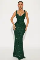 Elegant Sequin Maxi Dress with Padded Bra Cups & Hidden Zipper – Sleeveless Stretch Polyester – Hunter Green