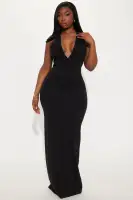 Elegant Black Ponte Maxi Dress - Halter Collar, V-Neck & Low Back with Back Zipper(Black,XS)