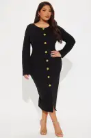 Elegant Ponte Midi Dress - High Neck, Long Sleeves & Button-Up in Black/Ivory(Black,XS)