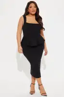 Elegant Ponte Midi Dress - Square Neckline, Sleeveless Peplum with Back Zipper & Slit(Black,XS)