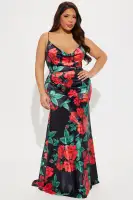 Elegant Floral Print Satin Maxi Dress with Cowl Neck & Adjustable Straps - Black/Combo(Black/combo,XS)