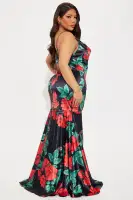 Elegant Floral Print Satin Maxi Dress with Cowl Neck & Adjustable Straps - Black/Combo(Black/combo,XS)