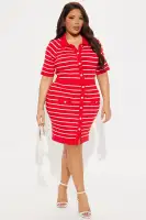 Stylish Striped Mini Dress with Collar Neckline - Navy/Combo & Red/Combo - Stretchy & Comfortable(Red/combo,XS)