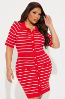 Stylish Striped Mini Dress with Collar Neckline - Navy/Combo & Red/Combo - Stretchy & Comfortable(Red/combo,XS)